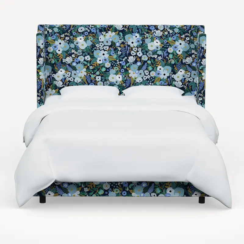 974BEDRPCGRPRBLULCB Rifle Paper Co Hawthorne Garden Party Blue Cal-King Wingback Bed