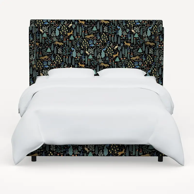 974BEDRPCMNBLKLCB Rifle Paper Co Hawthorne Menagerie Black Cal-King Wingback Bed