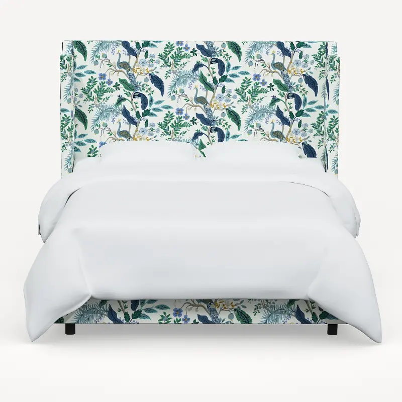 974BEDRPCPCBLWHLCB Rifle Paper Co Hawthorne Blue Peacock Cal-King Wingback Bed