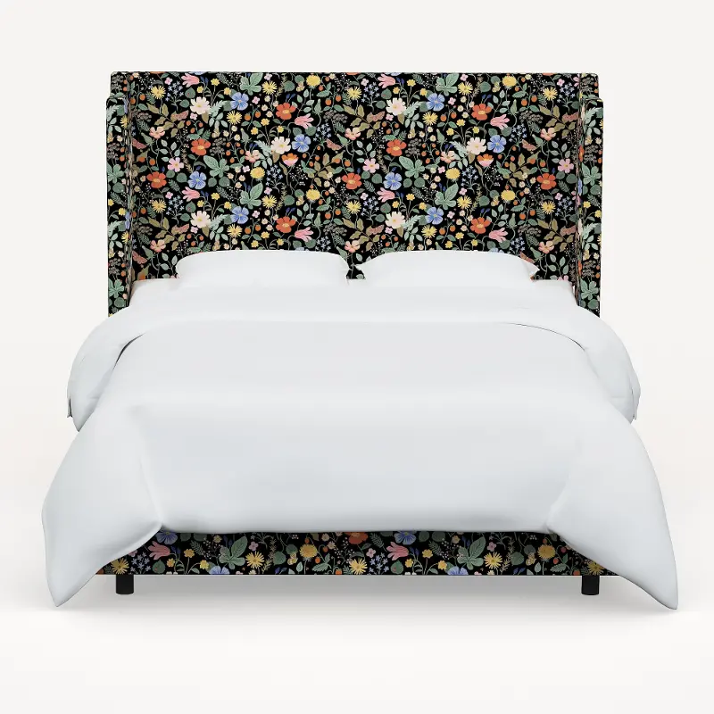 972BEDRPCSTFLBLKLCB Rifle Paper Co Hawthorne Black Strawberry Fields Queen Wingback Bed