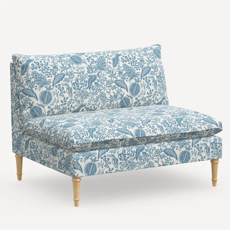 3206NATRPCPMBLULCB Rifle Paper Co. Louie Blue Pomegranate Armless Loveseat