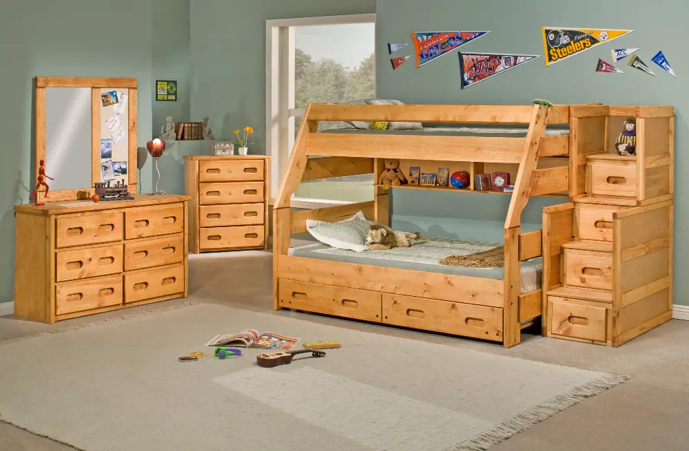 Cinnamon Rustic Pine Twin-over-Full Bunk Bed with Trundle - Palomino -1