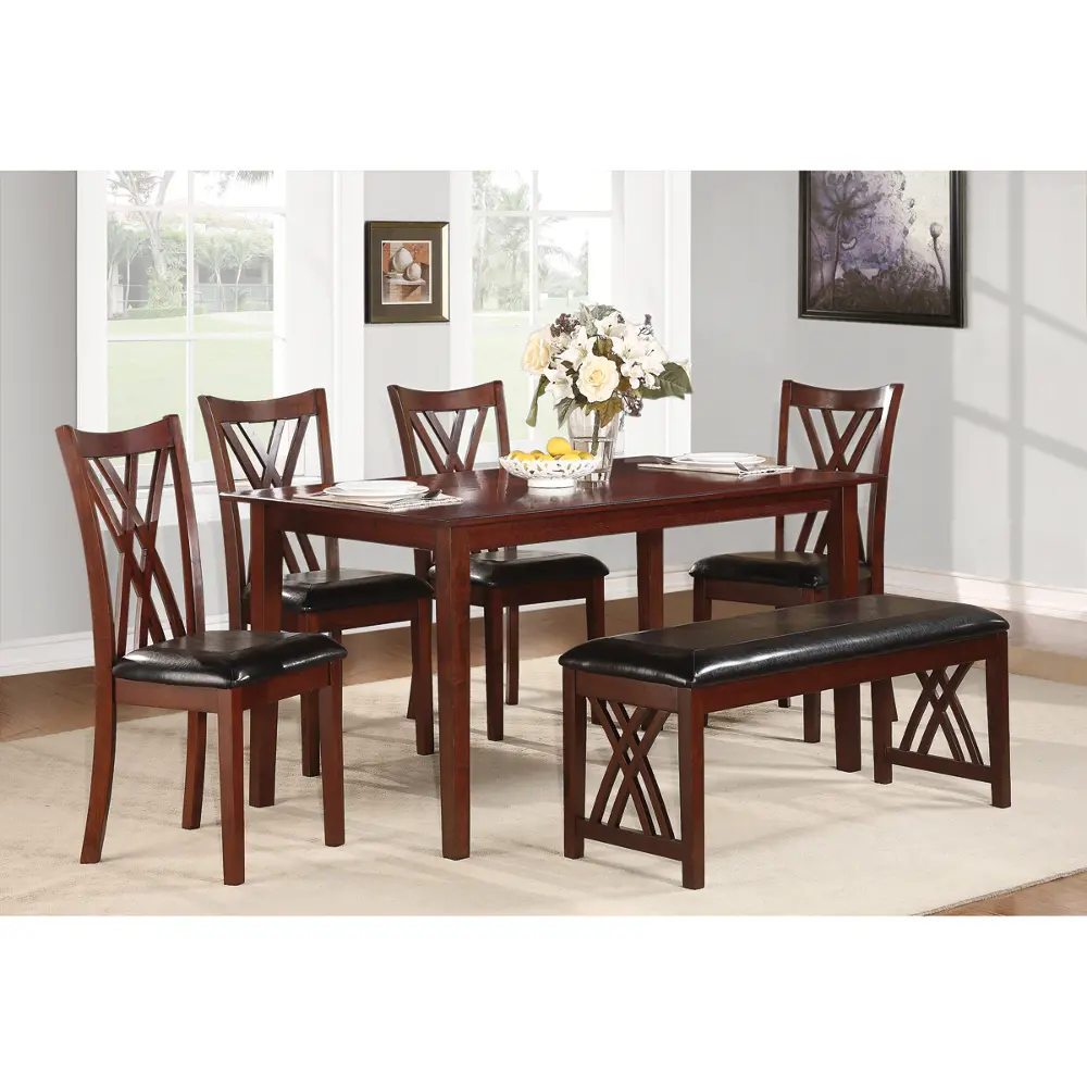Cherry and Black Traditional 6 Piece Dining Set with Bench - Luna -1
