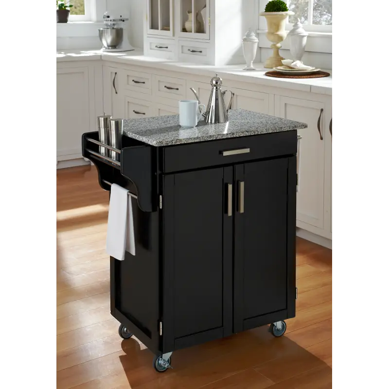 9001-0043 Black Kitchen Cart with White and Black Granite Top - Create-a-Cart