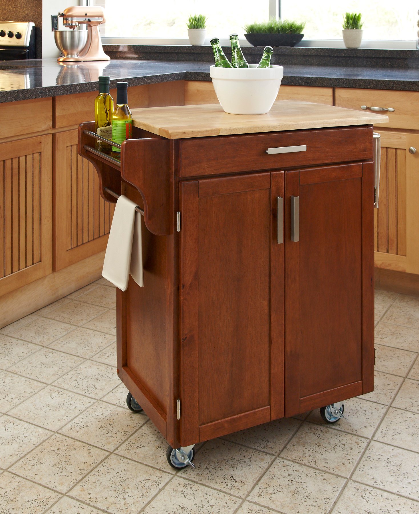 Medium Brown Kitchen Cart with Natural Wood Top - Create-a-Cart-1