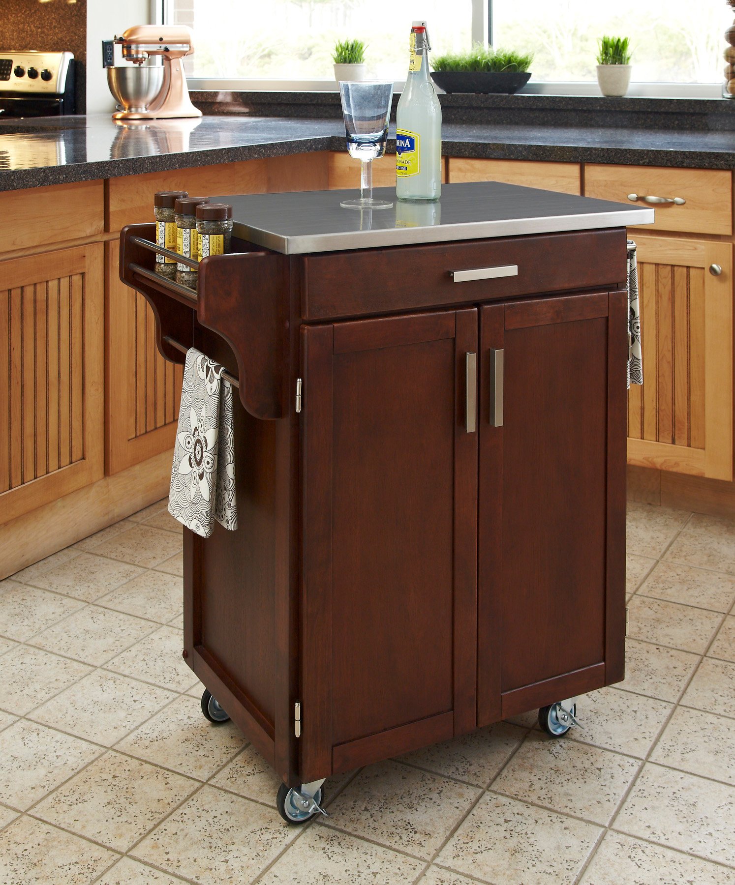 Cherry Kitchen Cart with Stainless Steel Top - Create-a-Cart-1
