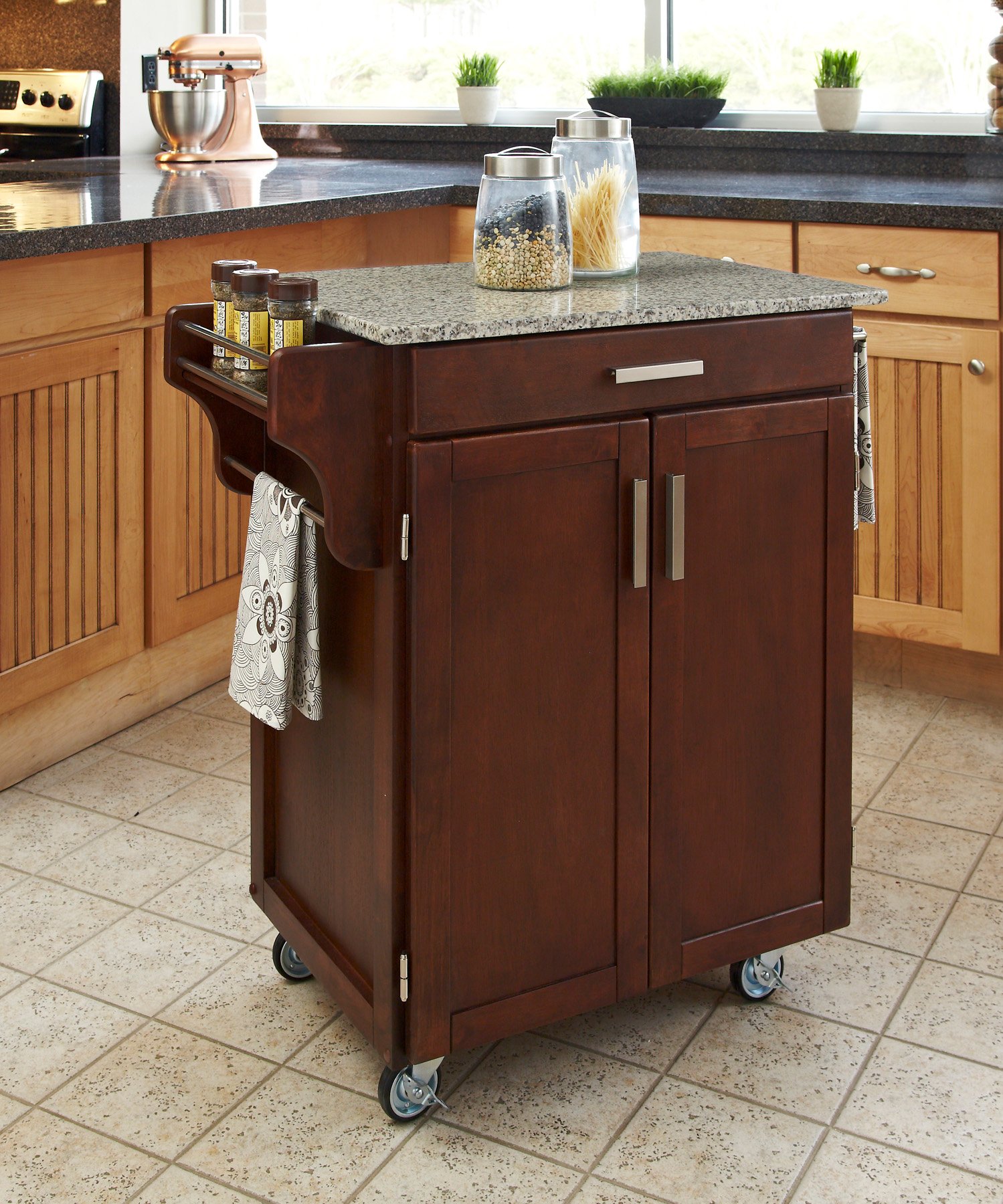 Cherry Kitchen Cart with White and Black Granite Top - Create-a-Cart-1