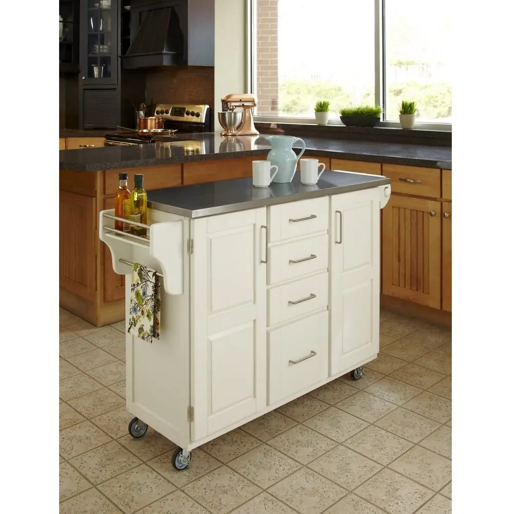 9100-1022 White Kitchen Cart with Stainless Steel Top - Create-a-Cart