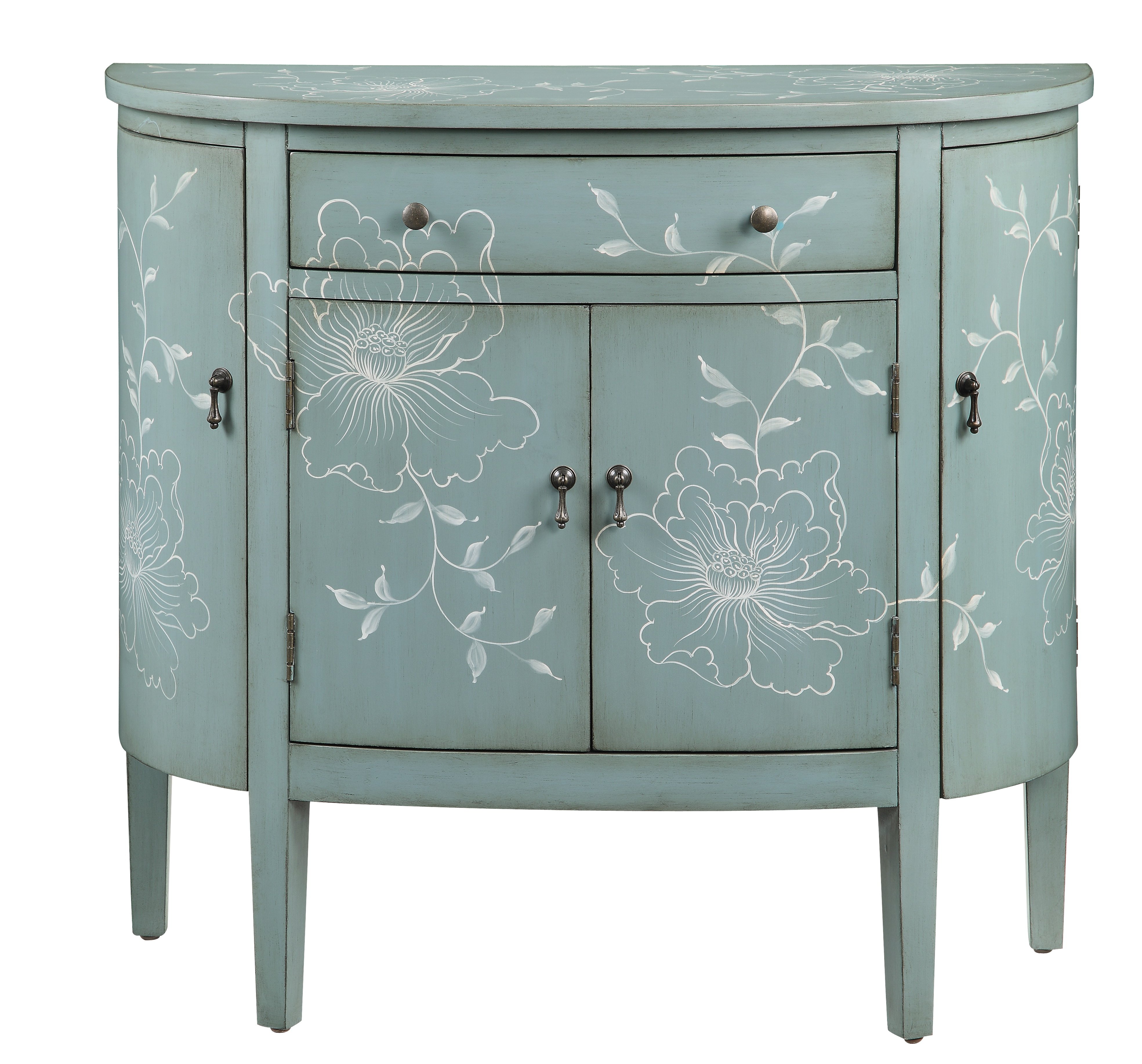Teal Cabinet With Curved Doors And White Floral Graphics-1