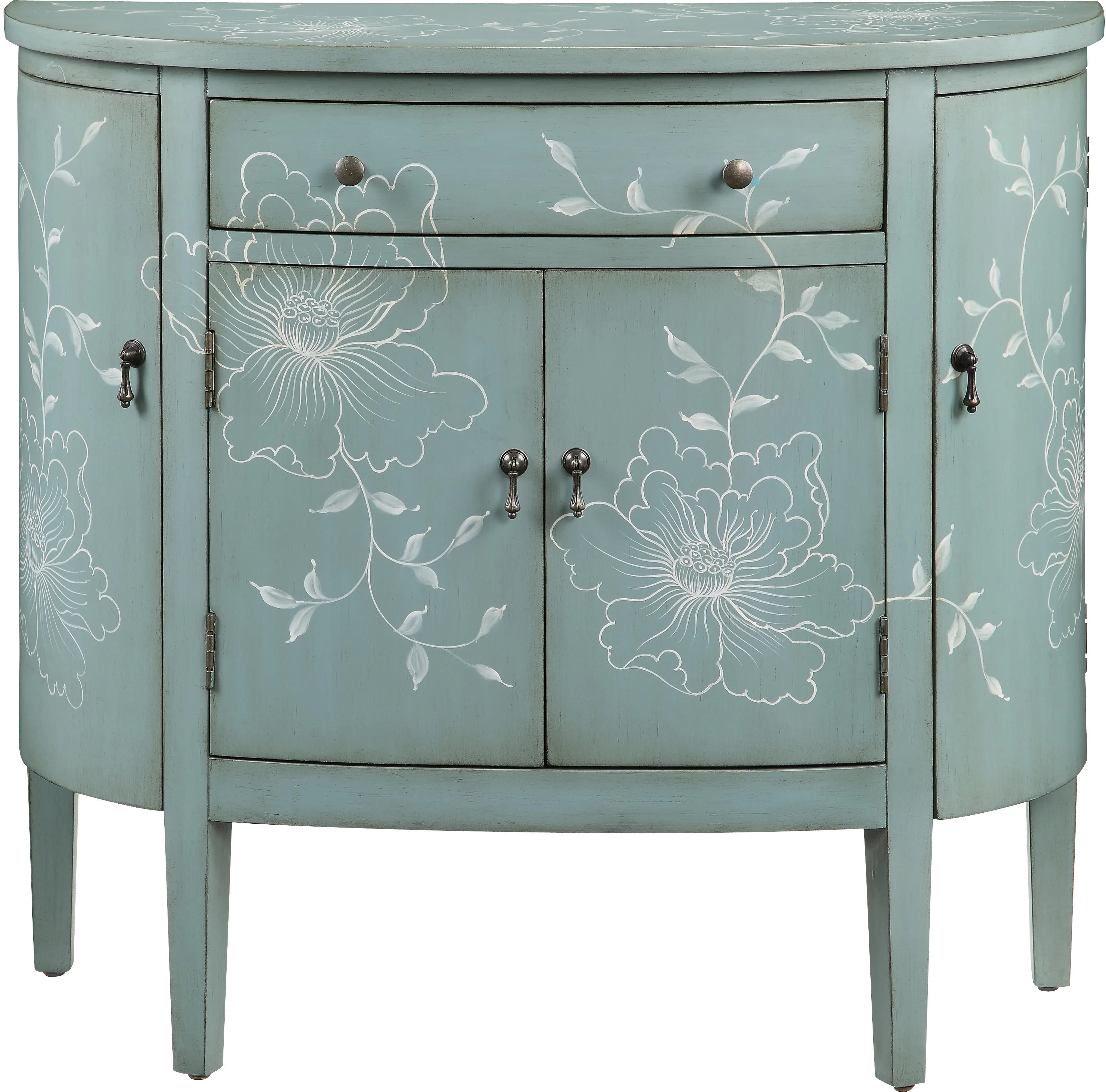 Teal Cabinet With Curved Doors And White Floral Graphics-1