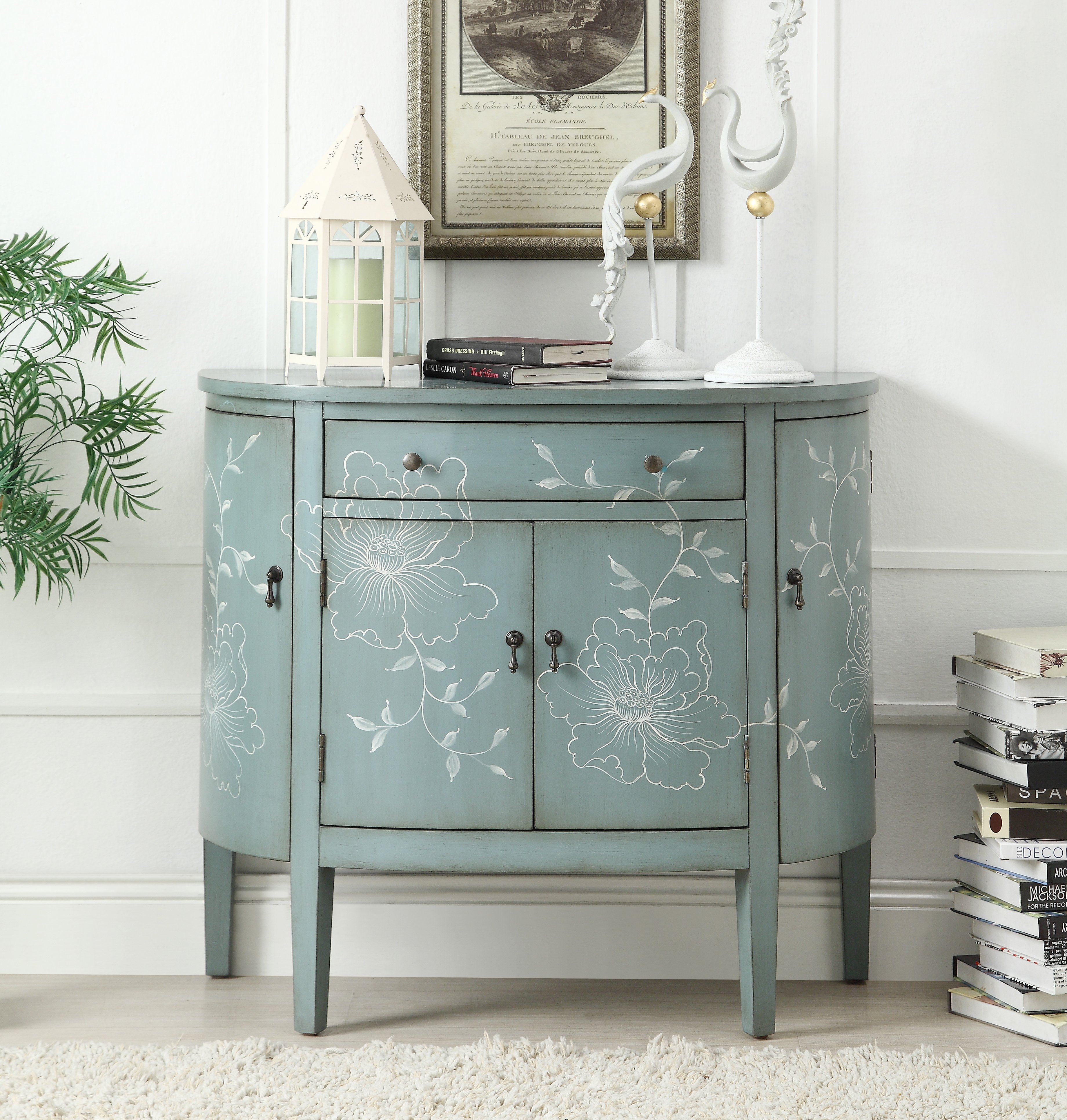 Teal Cabinet With Curved Doors And White Floral Graphics-2