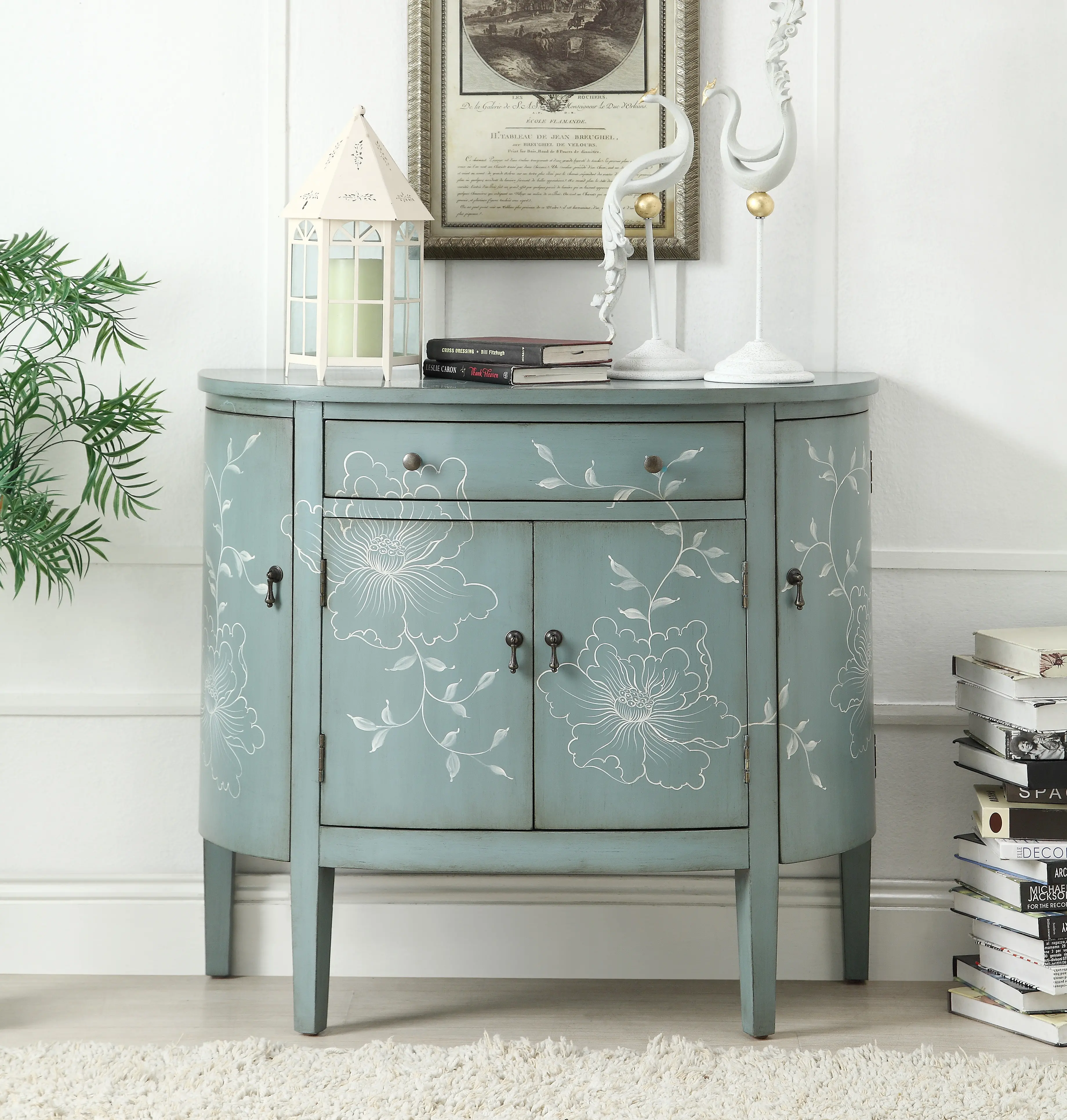 Teal Cabinet With Curved Doors And White Floral Graphics-2