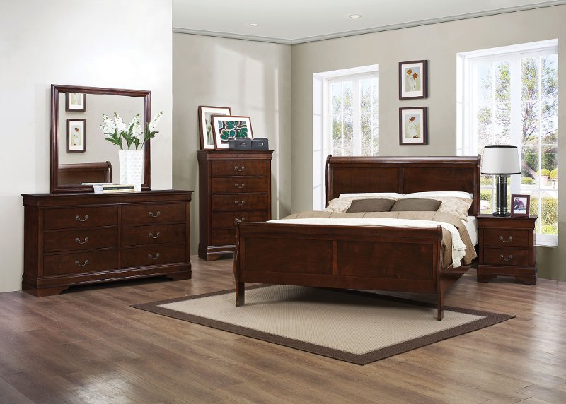 traditional brown cherry 4 piece queen bedroom set - mayville | rc
