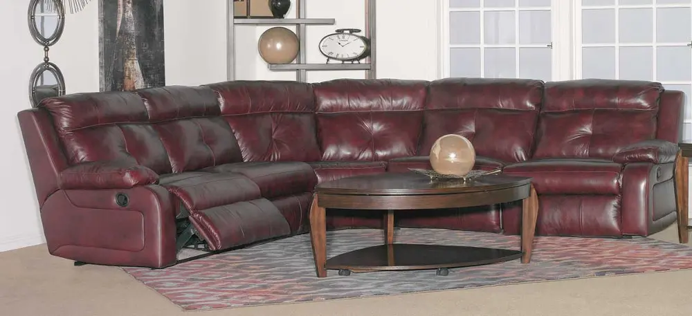 Burgundy Leather-Match 5 Piece Power Reclining Sectional-1