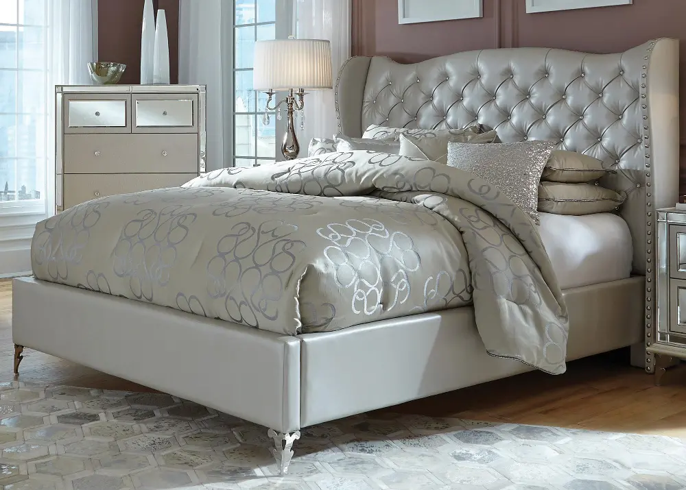 Hollywood Loft Pearl White King Upholstered Bed-1