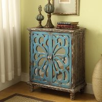 Brown and Blue Floral Glass 2 Door Cabinet - Devale