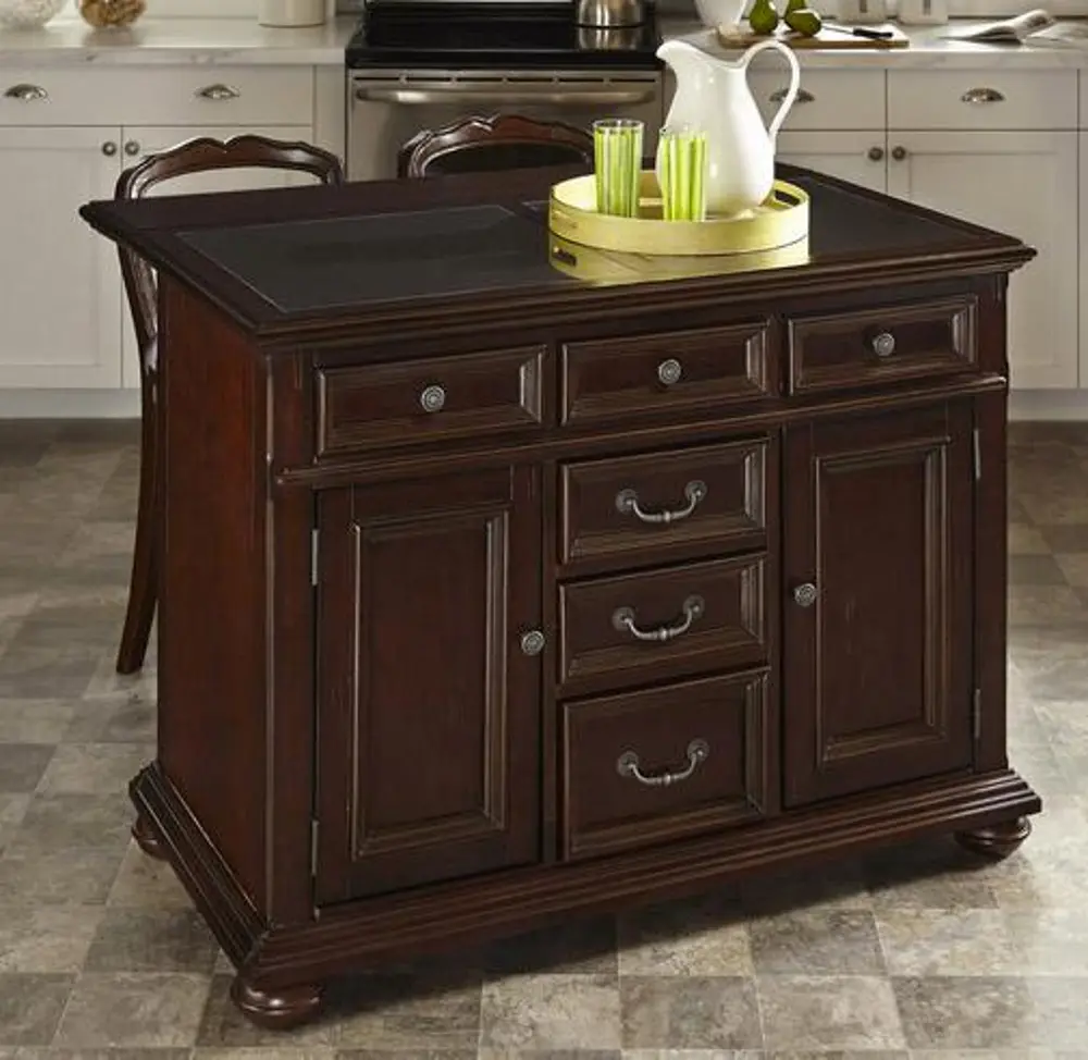 5528-948G Cherry/Black Granite Kitchen Island and 2 Stools - Colonial Classic-1
