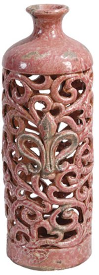 Distressed Pink Pierced Vase with Fleur De Lis