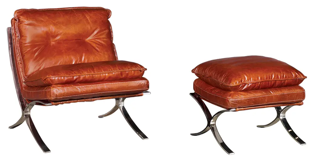 Chestnut Brown Leather Accent Chair & Ottoman Set-1