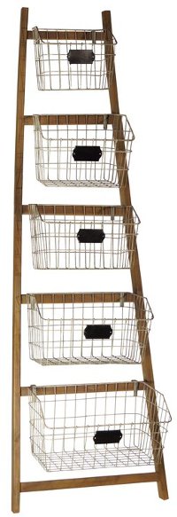 5 Tier Wood Rack with 5 Metal Baskets