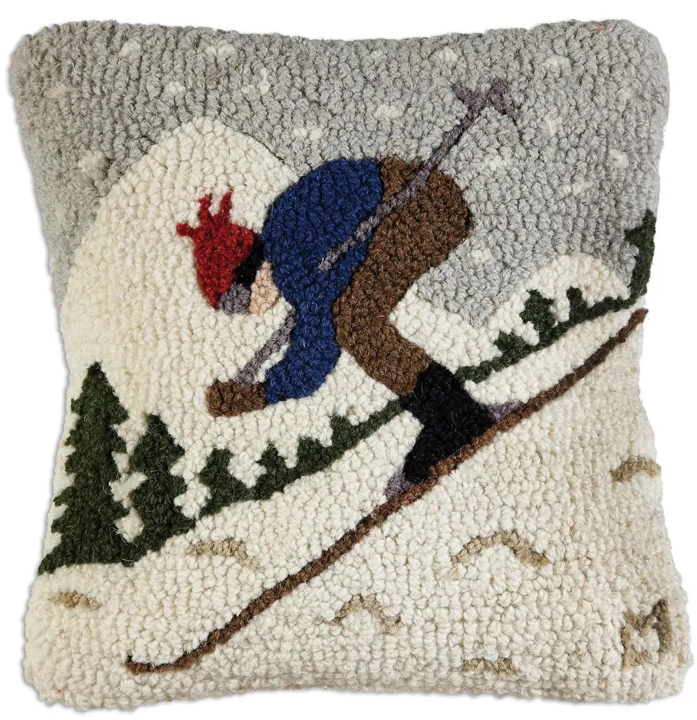 Downhill Skier Hand Hooked Throw Pillow-1