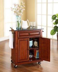 KF30024ECH Cherry 28 Inch Portable Kitchen Cart with Dark Granite Top-2