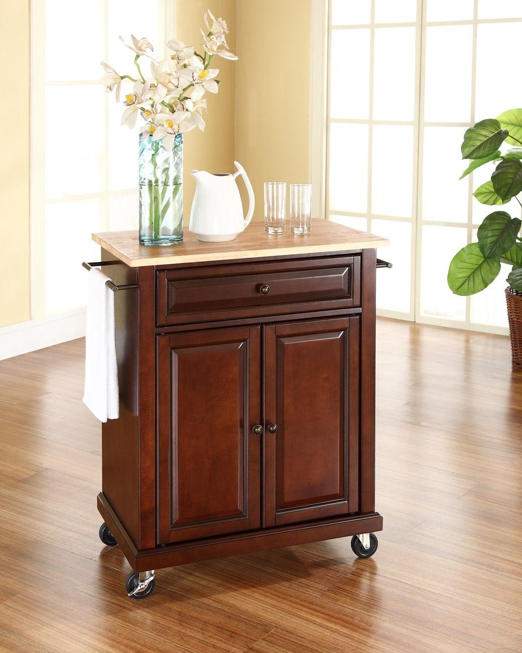 KF30021EMA Mahogany Wood Top Portable Kitchen Cart-1