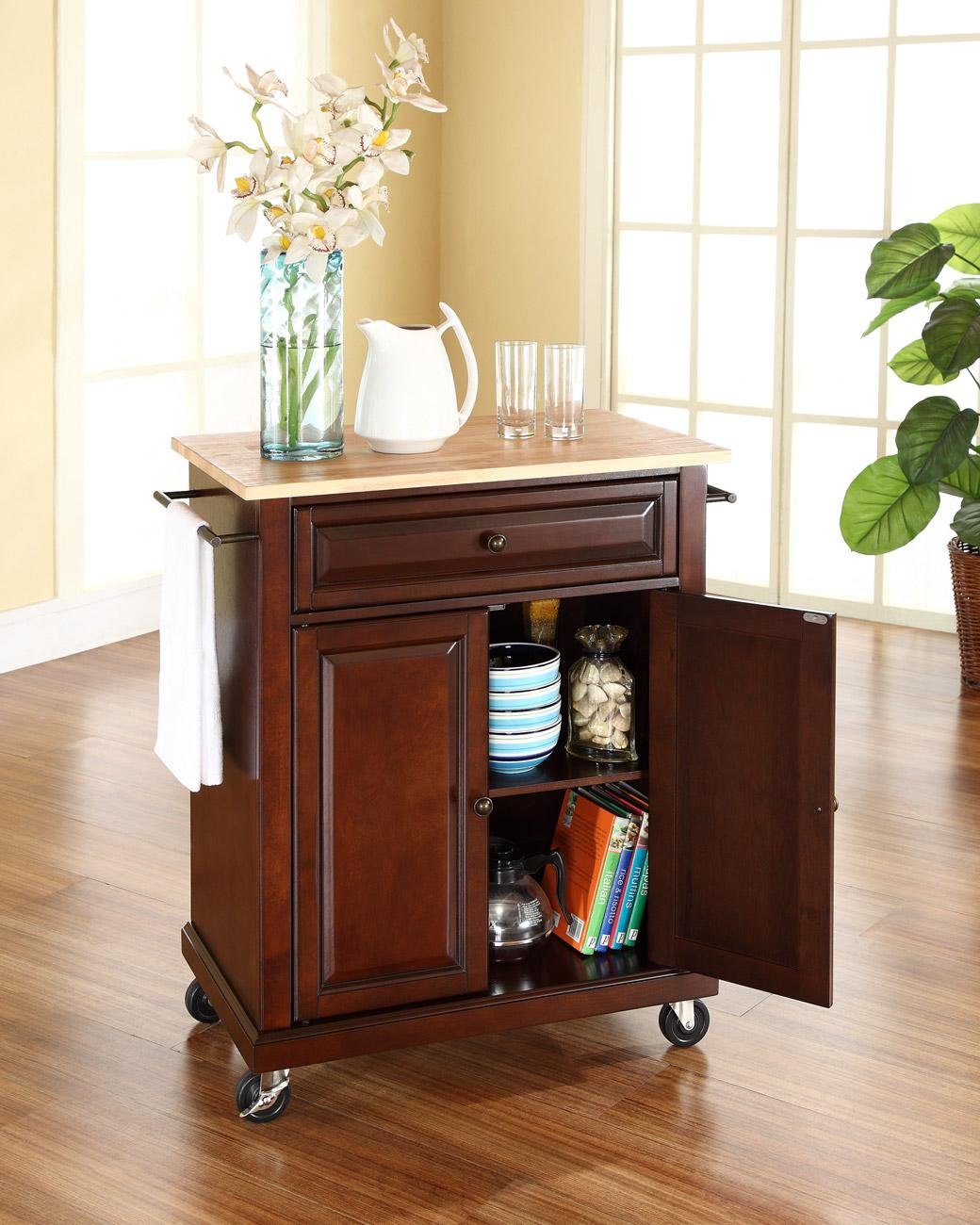 KF30021EMA Mahogany Wood Top Portable Kitchen Cart-2