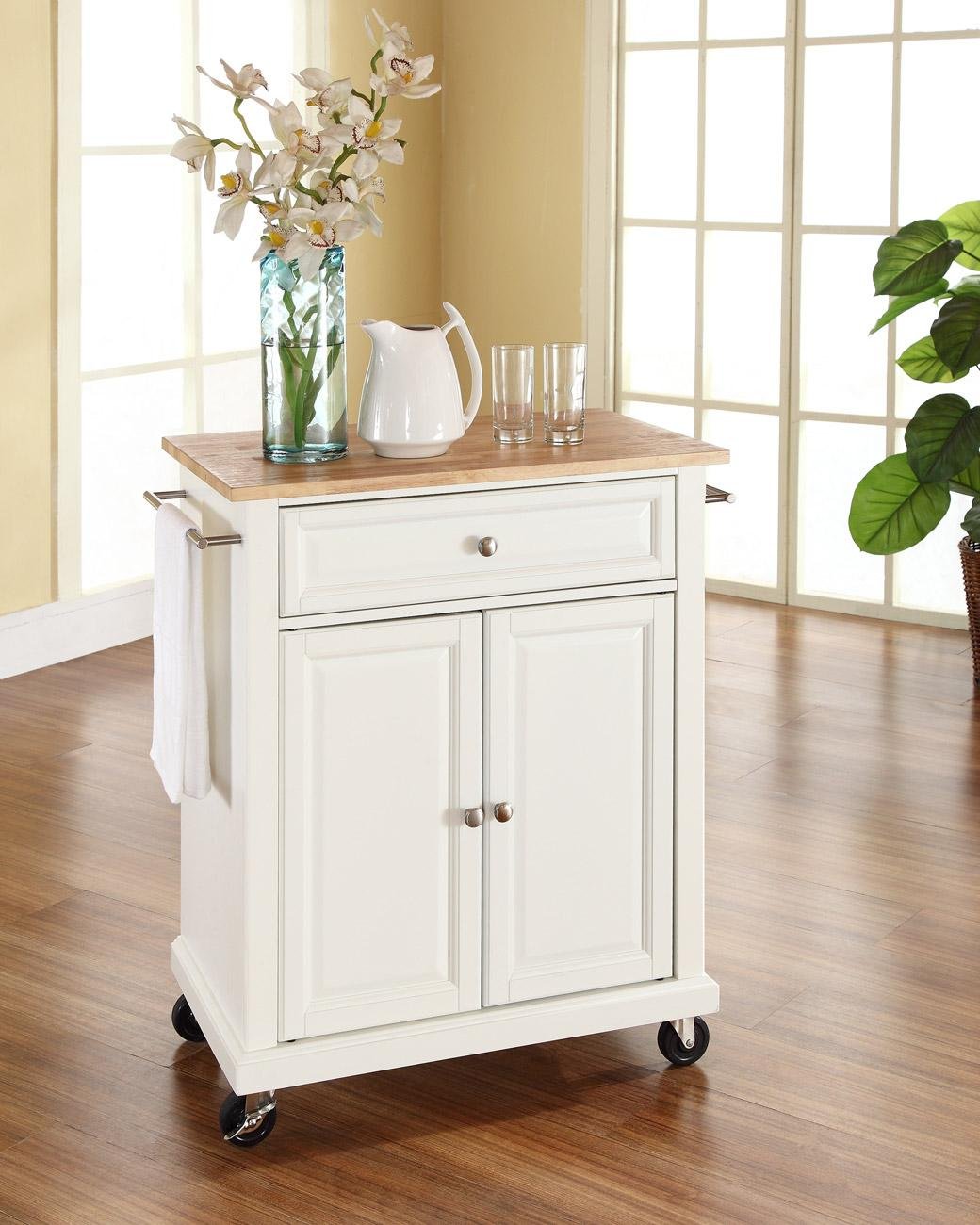 KF30021EWH White Wood Top Portable Kitchen Cart-1