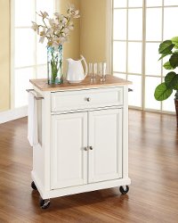 KF30021EWH White Wood Top Portable Kitchen Cart
