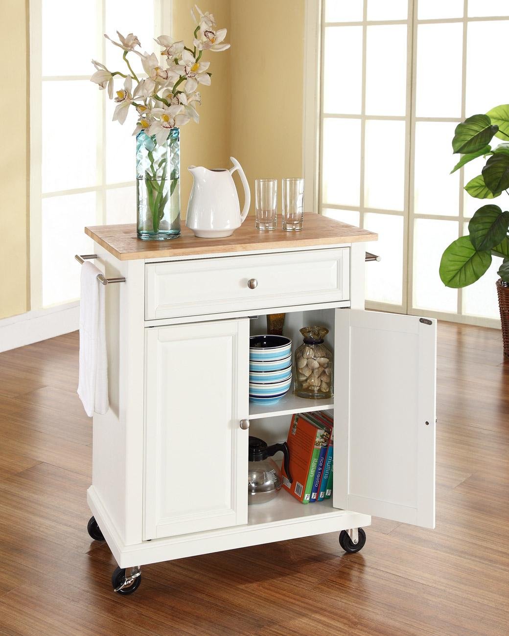 KF30021EWH White Wood Top Portable Kitchen Cart-2
