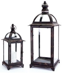 16 Inch Black and Brown Metal and Glass Lantern