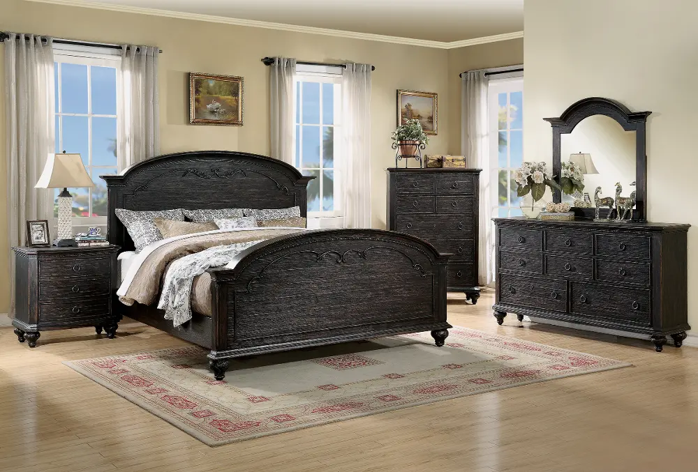 Bellagio Worn Black 4 Piece Queen Bedroom Set-1