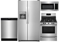 KIT Frigidaire 4 Piece Gas Kitchen Appliance Package with Side by Side Refrigerator - Stainless Steel