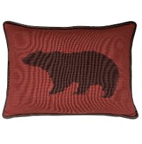 Deep Red Knit Bear Throw Pillow with Brown Piping