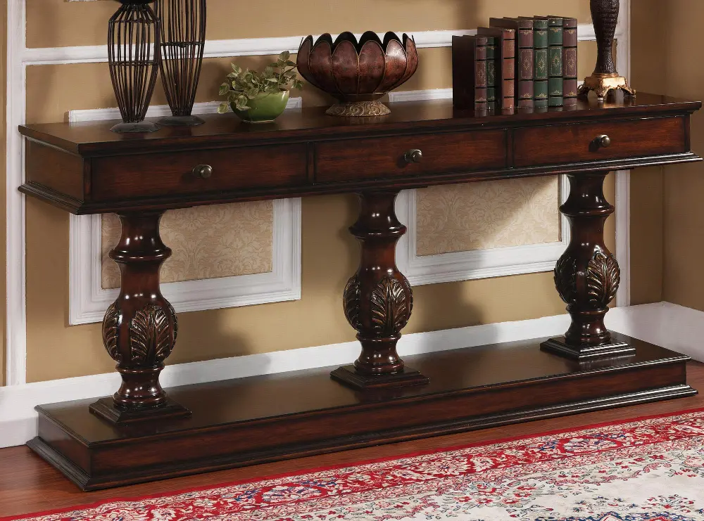 61634/CONSOLETABLE Walnut 3-Drawer Console Table-1