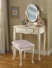 Off-White Vanity Mirror & Bench Set