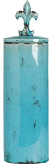 20 Inch Distressed Blue Lidded Jar with Fleur De Lis