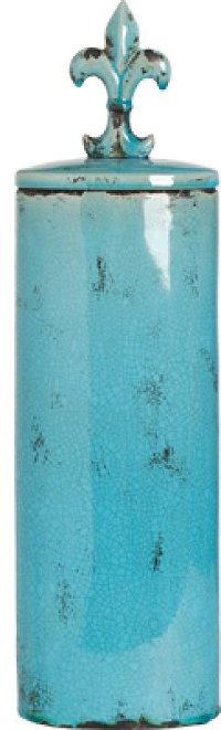 20 Inch Distressed Blue Lidded Jar with Fleur De Lis