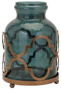 Oversized Blue Glass Vase with Metal Stand