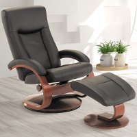 Black Top Grain Leather Swivel, Recliner with Ottoman - Oslo