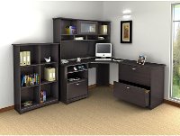 Espresso Oak Corner Desk with Hutch, Lateral File, and Bookcase - Cabot