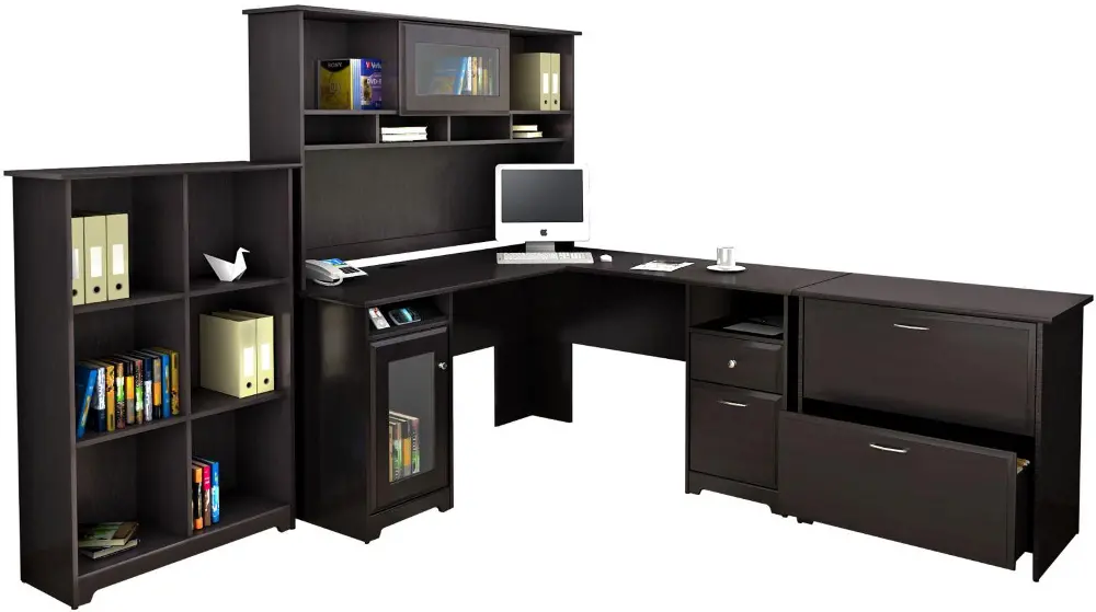 CAB003EPO Espresso Oak L Desk with Hutch, File, and Bookcase - Cabot-1