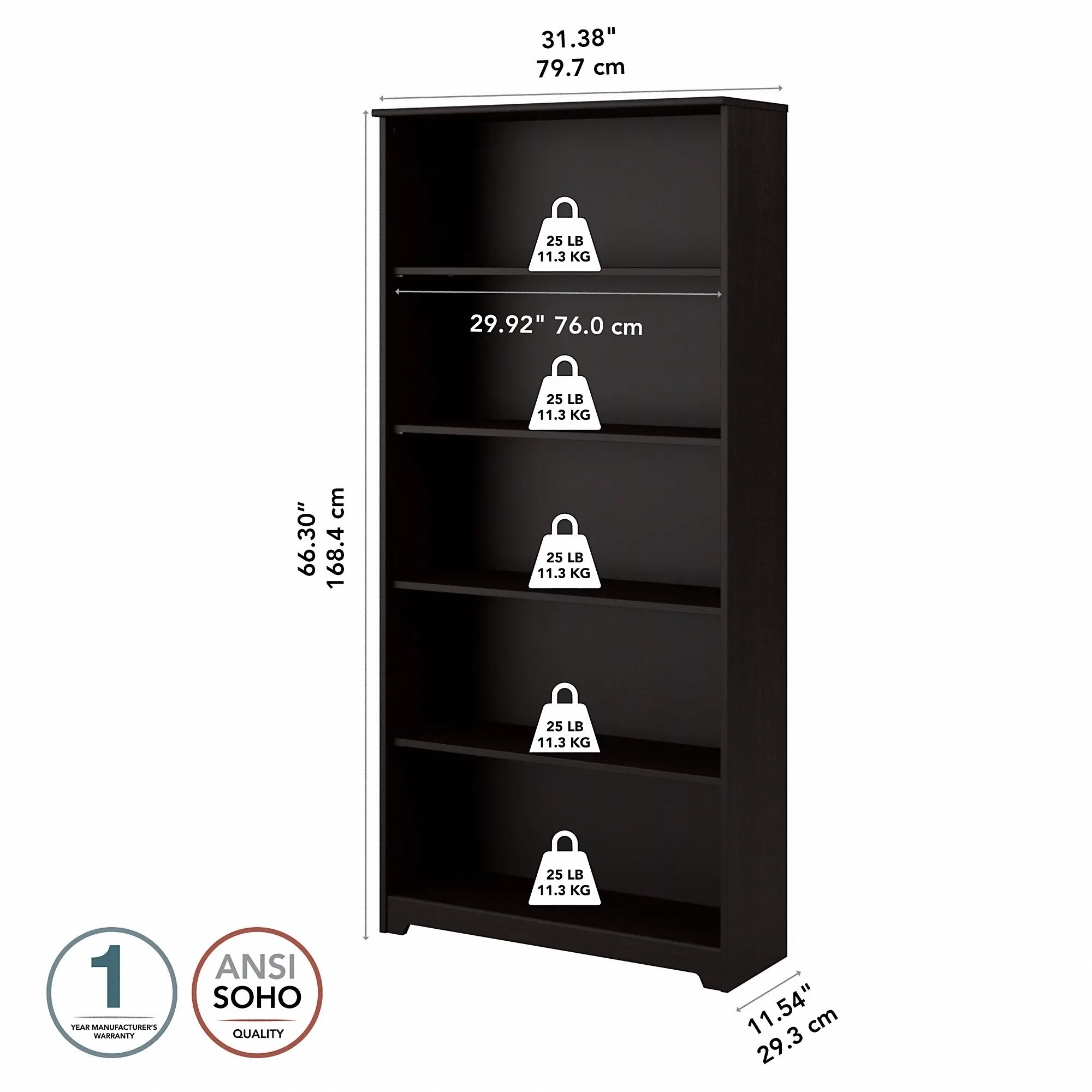 WC31866-03 Espresso Oak 5-Shelf Bookcase - Cabot-6