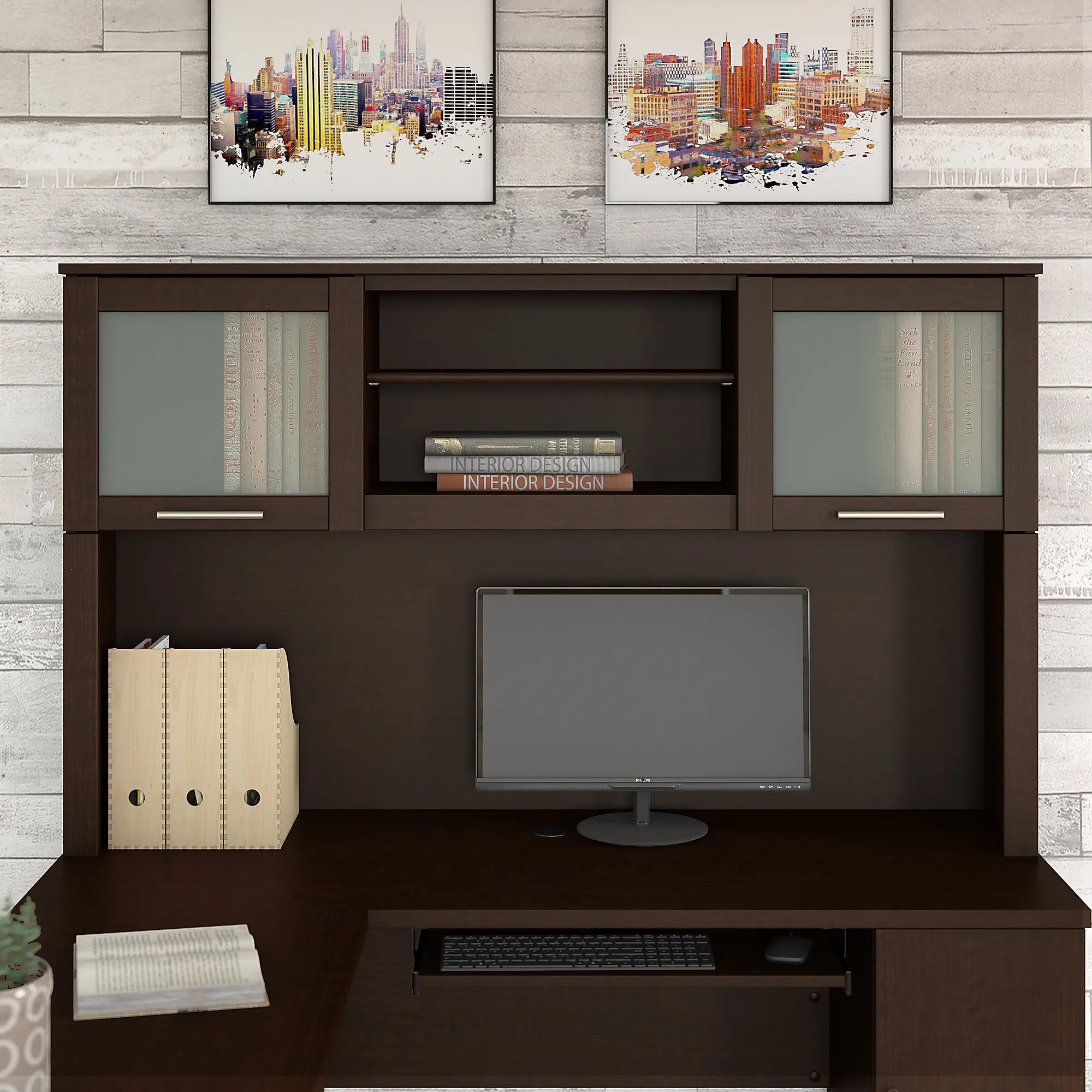 WC81831 Somerset Mocha Cherry 60W L Shaped Desk Hutch-2