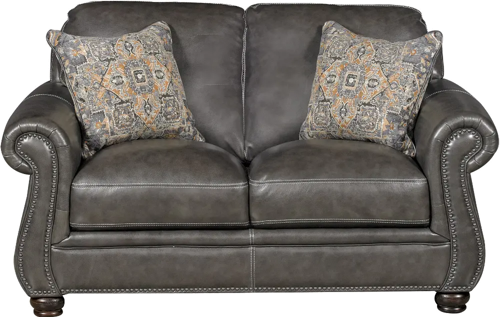 Classic Traditional Charcoal Gray Leather Loveseat - London-1