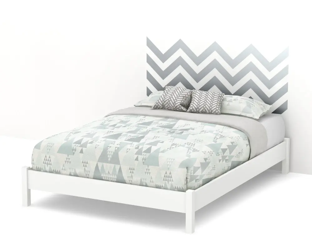8050092K Step One White Queen Platform Bed with Legs and Gray Decal Headboard-1