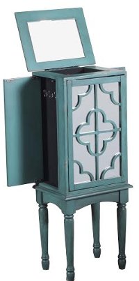 Teal Mirrored Quatrefoil Fretwork Jewelry Armoire-2