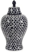 14 Inch Blue and White Quatrefoil Patterned Ceramic Urn
