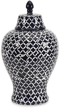 14 Inch Blue and White Quatrefoil Patterned Ceramic Urn